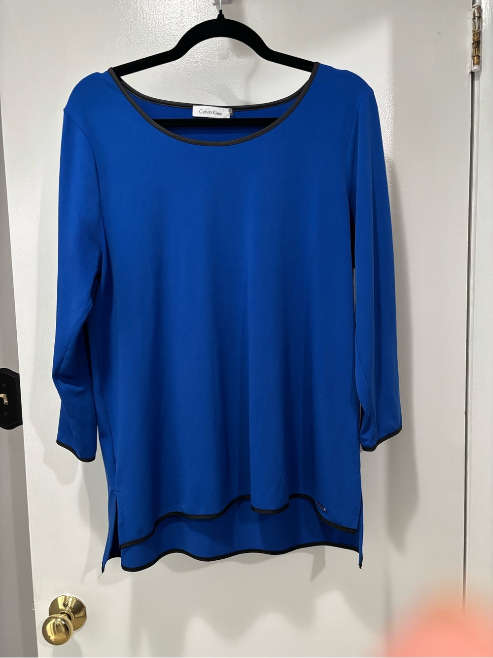 Calvin Klein Cobalt Blue Long Sleeve Scoop Neck Tunic with Black Trim Large